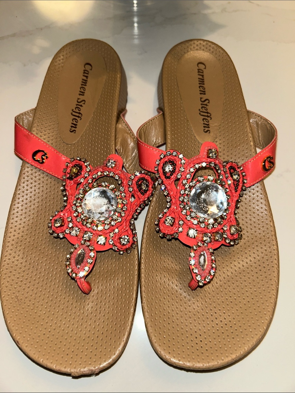 Carmen Steffens Coral Jeweled Thong Sandals